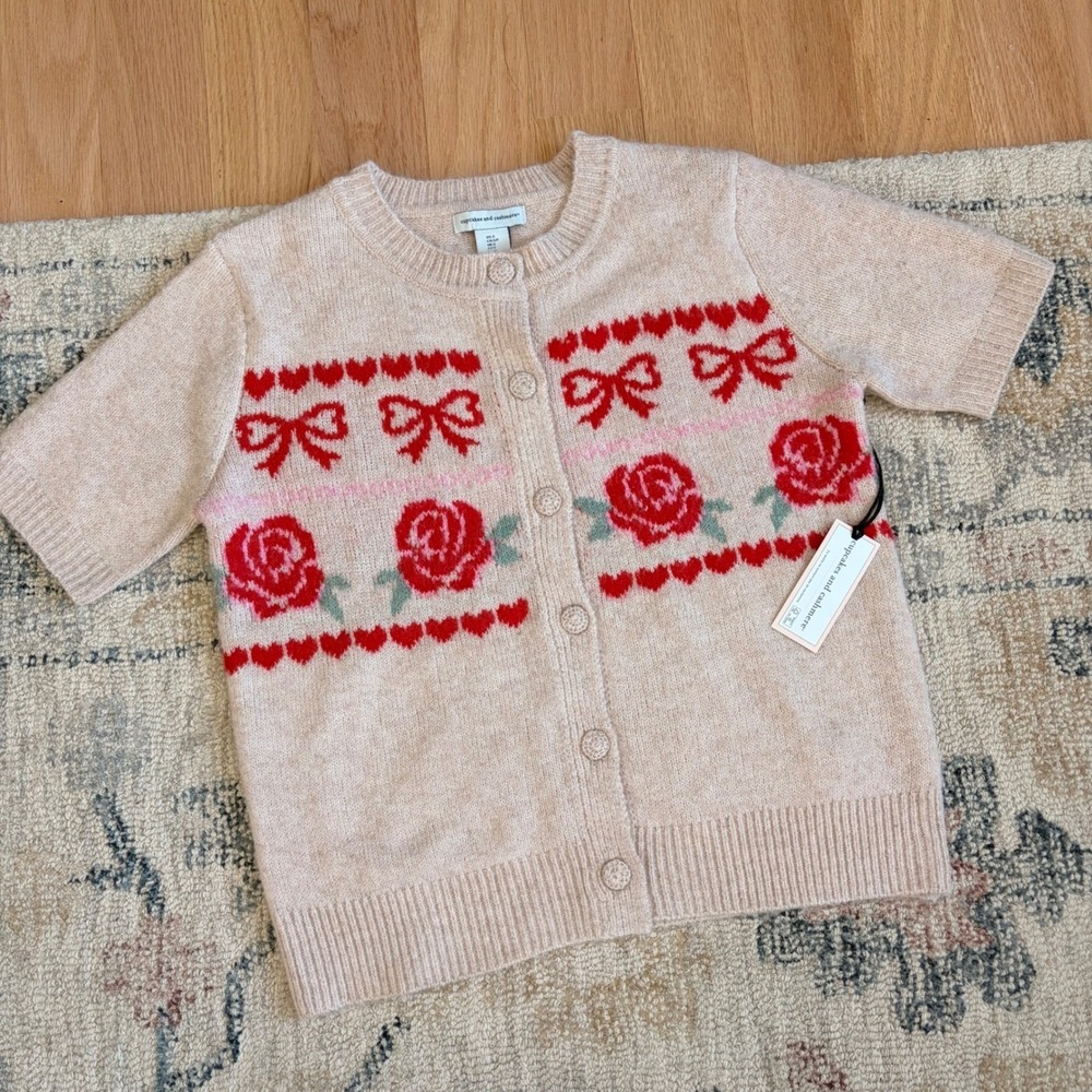 Cupcakes and Cashmere Rose Hearts Short Sleeve Cardigan Size S Coquette Preppy
